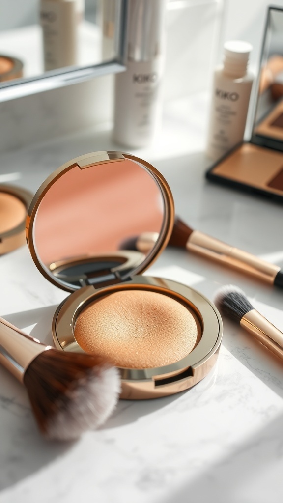 Kiko Milano Silky Glow Baked Bronzer 01 compact with bronzer and brush on a marble surface.